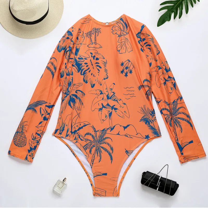 

New Print One-Piece Swimsuit Long Sleeve Swimwear Sports Backless Women Swimming Bathing Suit Beach Wear Bather Surfing 2021