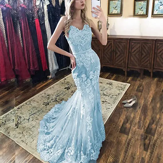 

Blue Paghetti Strap Sweetheart Mermaid Evening Dress Lace Up Summer Prom Dresses High Quality Lace Party Gowns Sweep Train