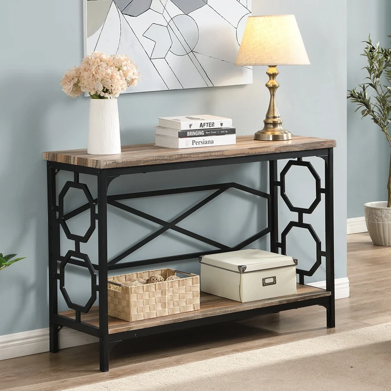 

Sofa Table with Storage Shelf, Industrial Hallway Console Table for Entryway, Rustic Brown