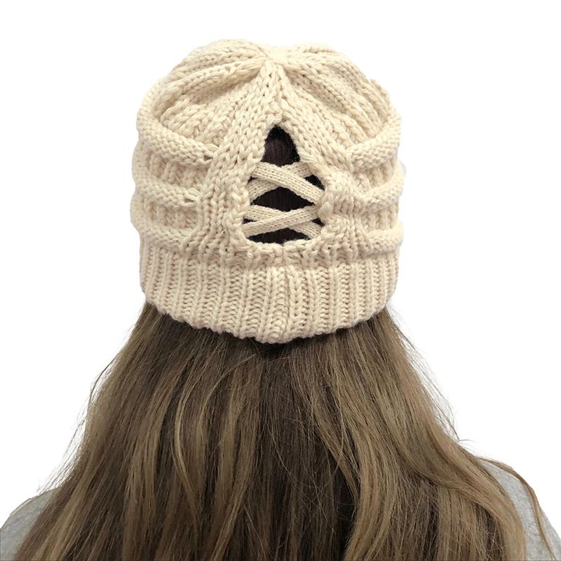 

2021 New Winter Hat for Women Cashmere Knitted Beanies Thick Warm Vogue Ladies Wool Hat Female Ponytail Beanie Hats