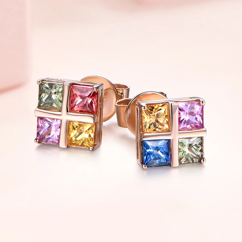 

Sparkling Square Rainbow Zircon Stud Earrings for Women Charming Rose Gold Pink Red Blue Yellow Crystal Ear Studs Jewelry Gift