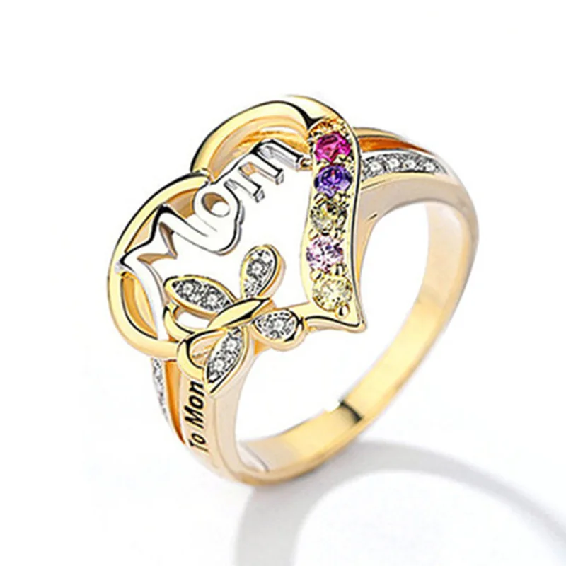 

Exquisite Hollow Love Heart Mom Ring Fashion Gold Paved CZ Rhinestone Letter Rings for Mother's Jewelry Gift
