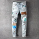 Мужские летние джинсы, мужские лоскутные хип-хоп с вышивкой медведя, светлые синие джинсы, уличная одежда, рваные эластичные джинсы скинни с дырками