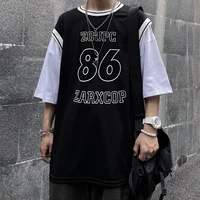 hip hop summer patchwork fake two pieces number print t shirts all match hit color punk style clothes high quality harajuku top