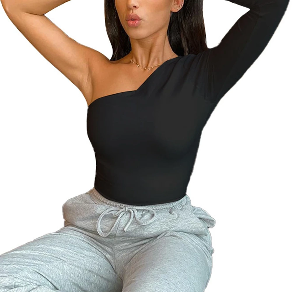 Женские сексуальные Осенние футболки с одним плечом повседневные топы длинным