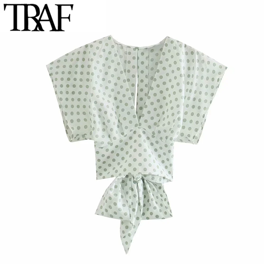 

TRAF Women Fashion With Bow Polka Dot Linen Crop Blouses Vintage Backless Short Sleeve Female Shirts Chic Blusas Tops