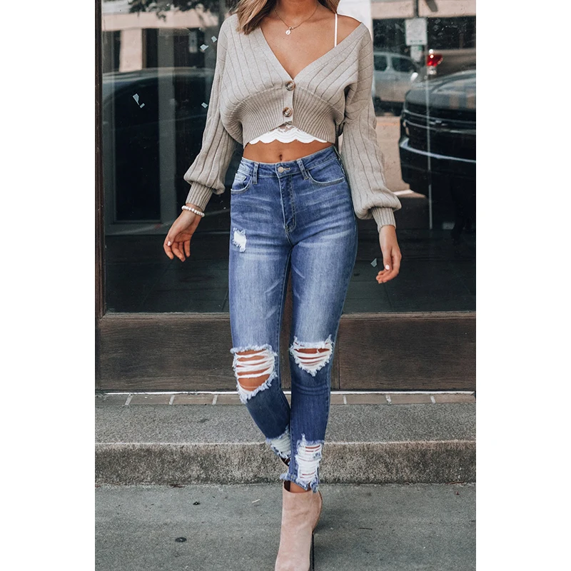 

2020 Plus Size Dark Blue Washed Distressed Slits Skinny Jeans Pantalones Vaqueros Mujer High Waist Woman Pants Solid Color 2XL