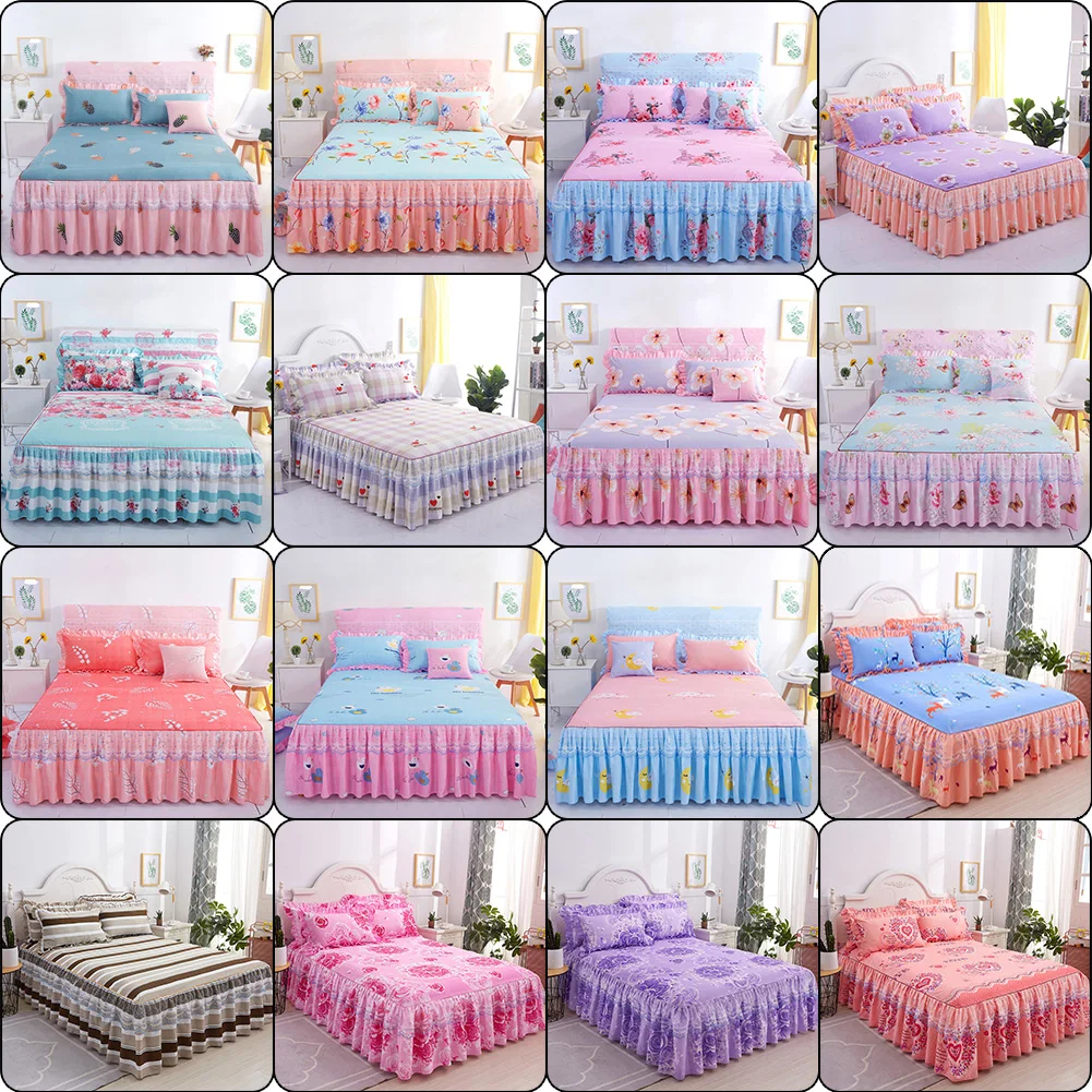 

3Pcs Lace Bed Skirt Princess Ruffle Bedding Sheet Bedspreads Bed Pillowcase for Girl Mattress Cover King/Queen Size
