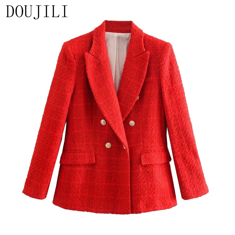 

DOUJILI Fashion Red Suit Coat Popular Button Pocket Long Sleeve Autumn Winter Office Ladies Blazers Coat