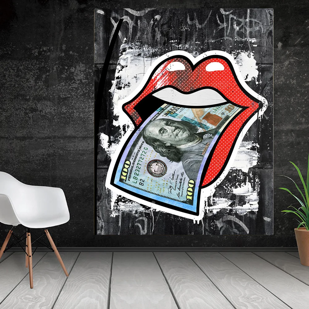 

Quote Poster Woman Lips with US DOLLAR Print Wall Oil Painting on Canvas Picture Living Room Money Creative Art Posters