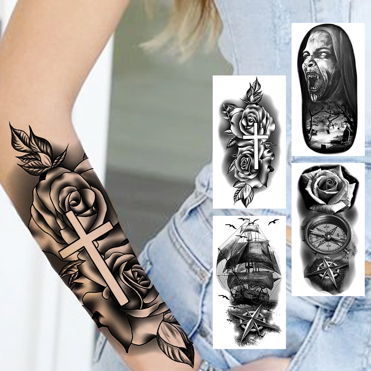 

Sexy Rose Flower Temporary Tattoos For Women Men Realistic Vampire Pirate Ship Compass Fake Tattoo Sticker Forearm Tatoos