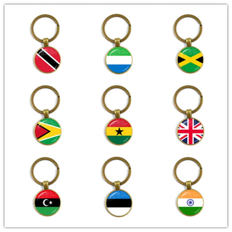 

Trinidad,Sierra leone,Jamaica,Guyana,Ghana,UK,Libya,Estonia,India 25mm Glass Cabochon National Flag Keychain Key Ring Gift