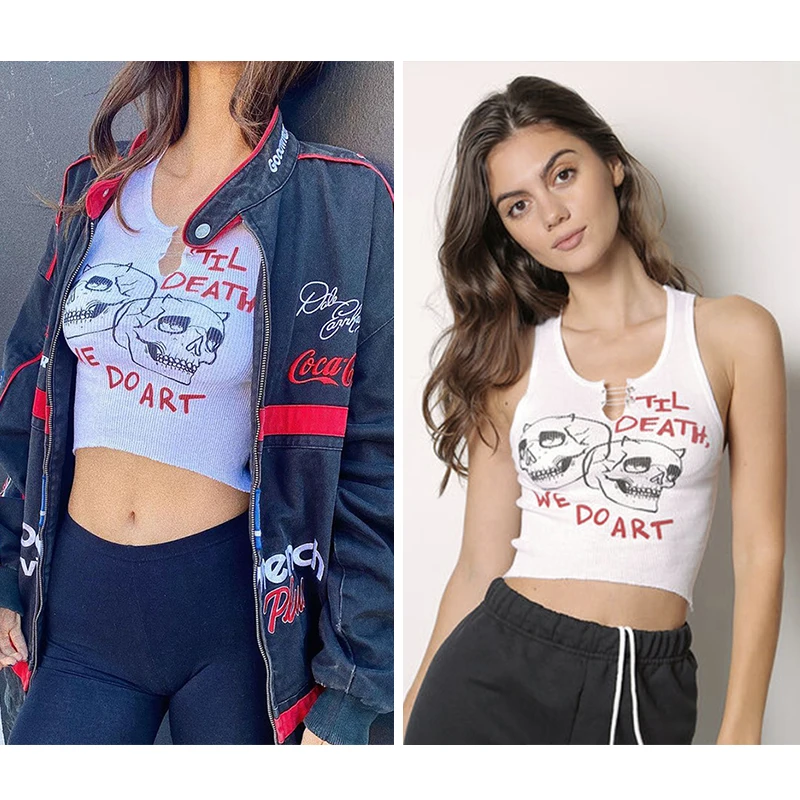 Майка женская трикотажная без рукавов модный пикантный белый топ с принтом