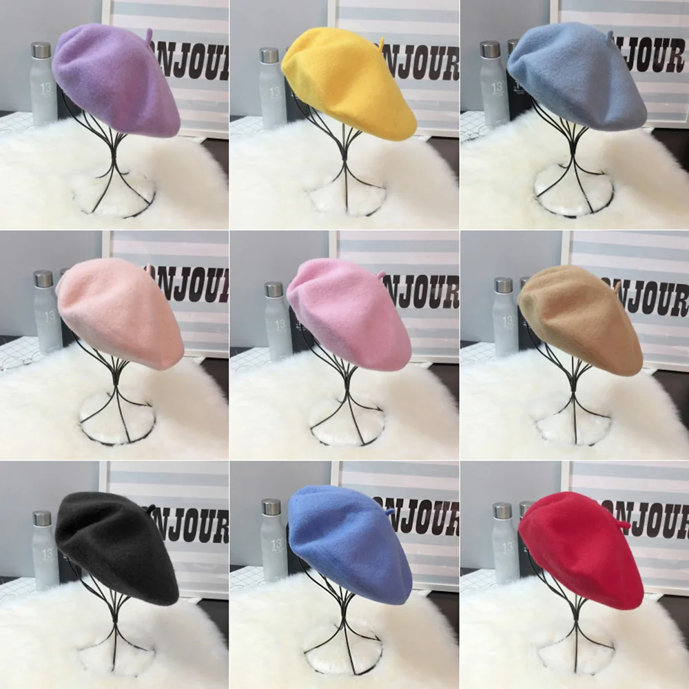 

Women Girl Beret French Artist Warm Wool Winter Beanie Hat Cap Vintage Plain Beret Hats Solid Color Elegant Lady Winter Caps