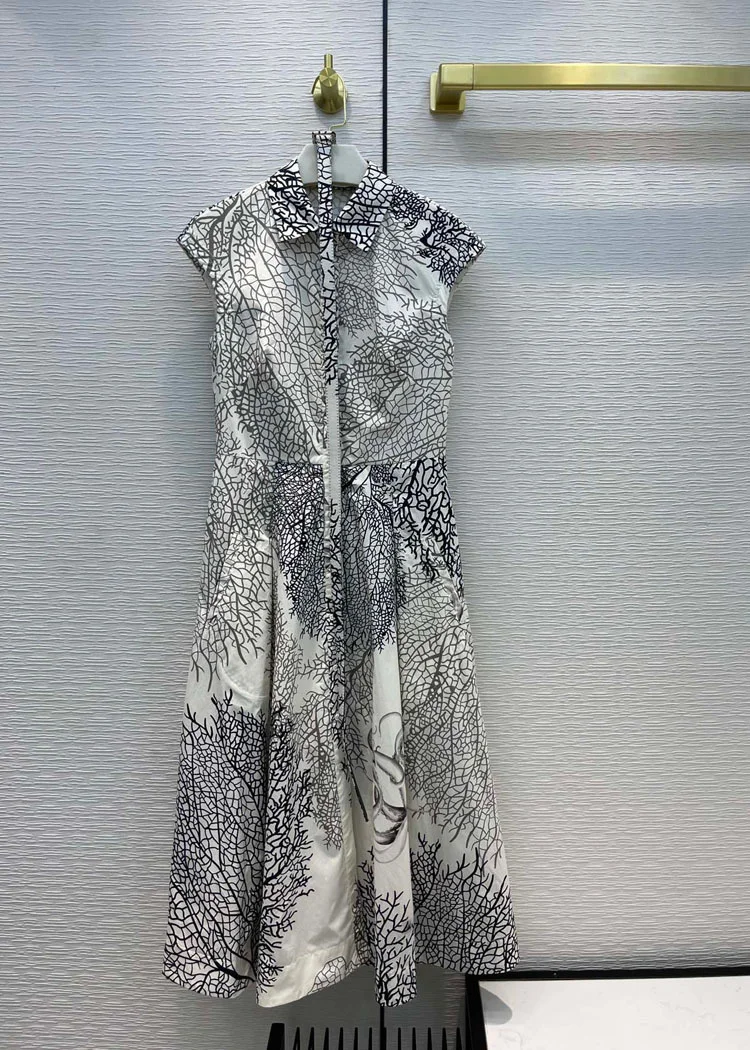 

Exquisite Print Dress Women Top Quality 3D Cut Lapel Sleeveless High Waist Dress Luxury Brand Big Hem Pleated Dress Autumn 2021