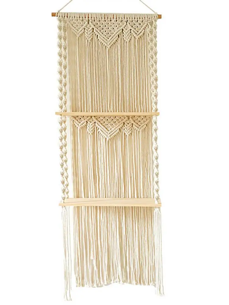 

Macrame Wall Hangings Shelf Two-layer Cotton Rope Rack Woven Home Organizer Decor Wooden Hangings Storage Floating Shelves