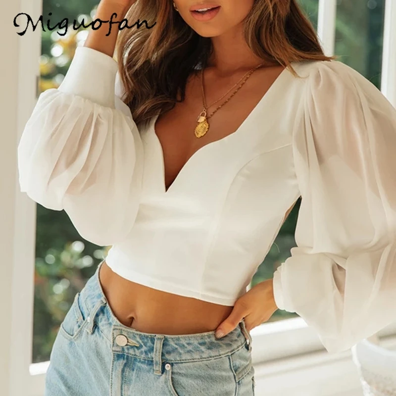 Женская укороченная блузка Miguofan белая шифоновая с длинными рукавами фонариками