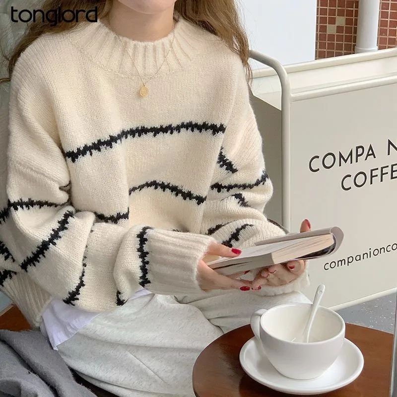 

Women Warm Thick Stiped Sweater Pullover Autumn Winter Long Sleeve loose Lazy Half Turtleneck Outwear Female Casual Knitted Tops