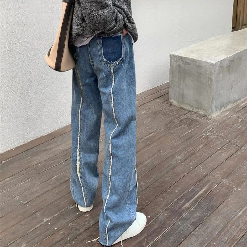 

2021 vintage jeans Retro Spice blue Jeans with hem design wide leg jeans womens jeans baggy jeans distressed jeans y2k jeans