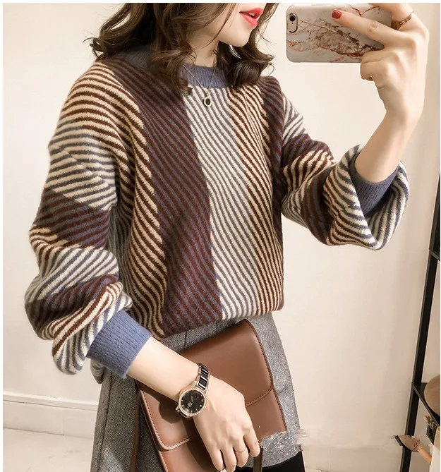 Женский трикотажный свитер в полоску Повседневный пуловер свободного покроя