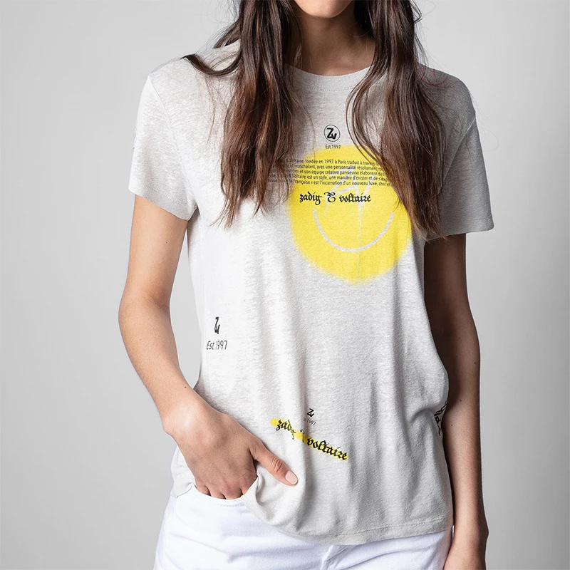 

Женская футболка с коротким рукавом, Повседневная хлопковая Футболка с круглым вырезом и принтом улыбки, уличная одежда, весна-лето 2022