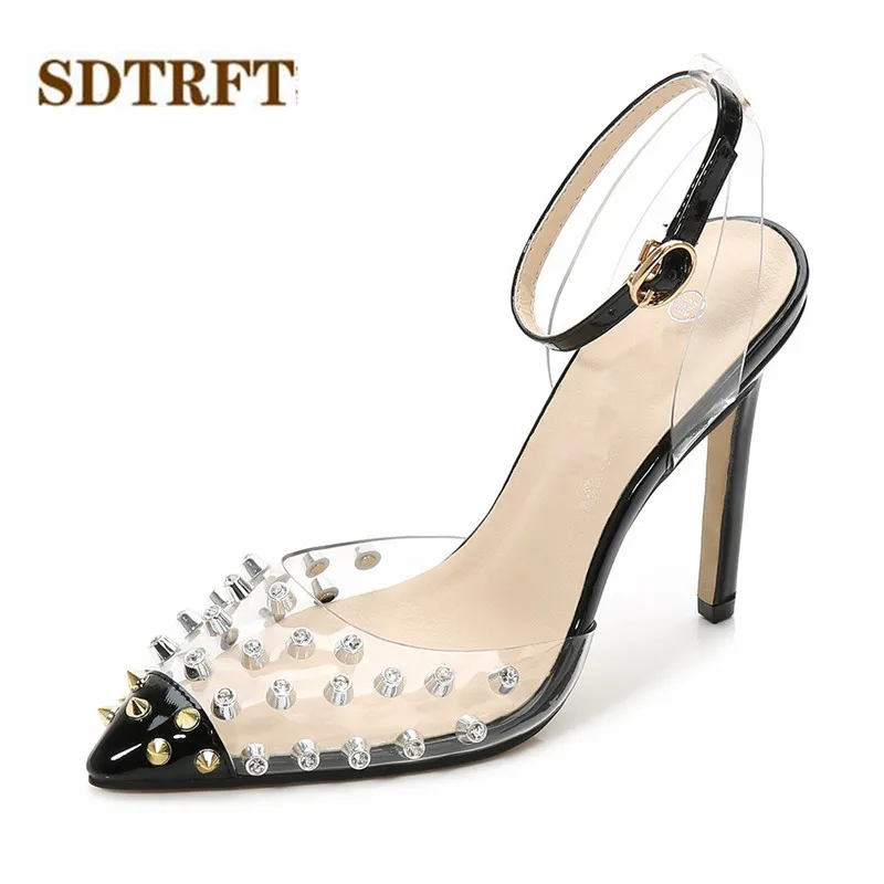 

SDTRFT Summer Rivets shoes woman 11cm Thin High-Heeled Pointed Toe Stripper Transparent sandals Buckle Narrow Band Sliver pumps