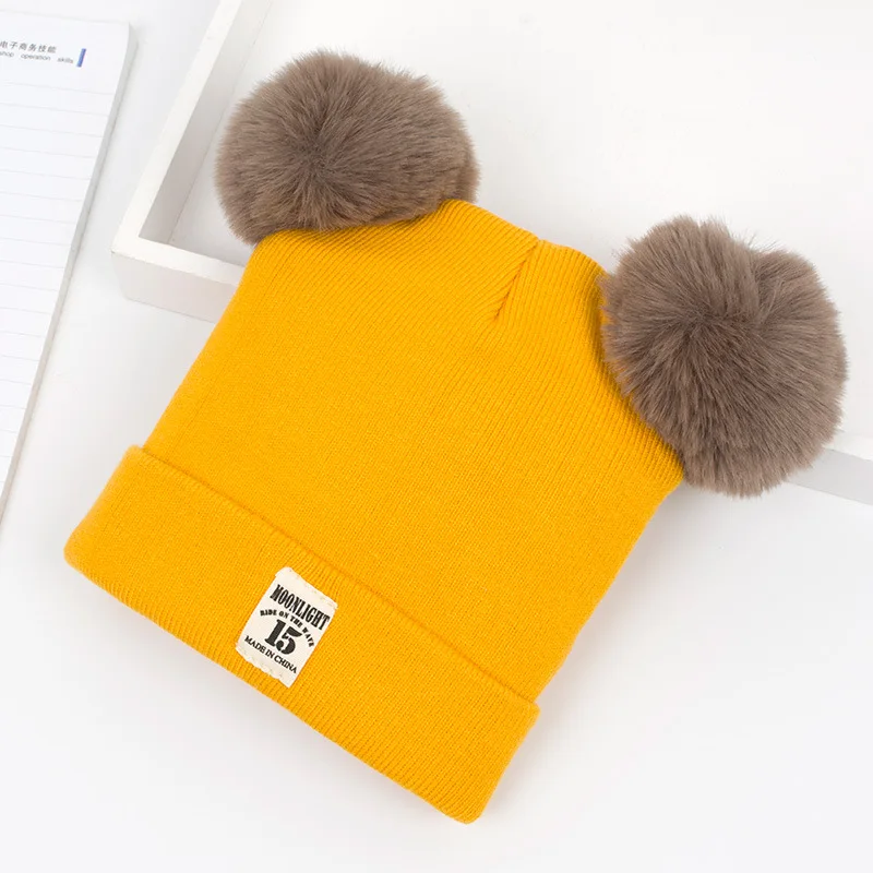 yellow Hat 1 предмет, модная зимняя детская шапка, Двойной Искусственный меховой вязаный шарик, шапочка, подарок, меховая шляпа с помпоном для девочек и мальчиков, детская шапка для детей 1-2 лет - Цвет: yellow Hat