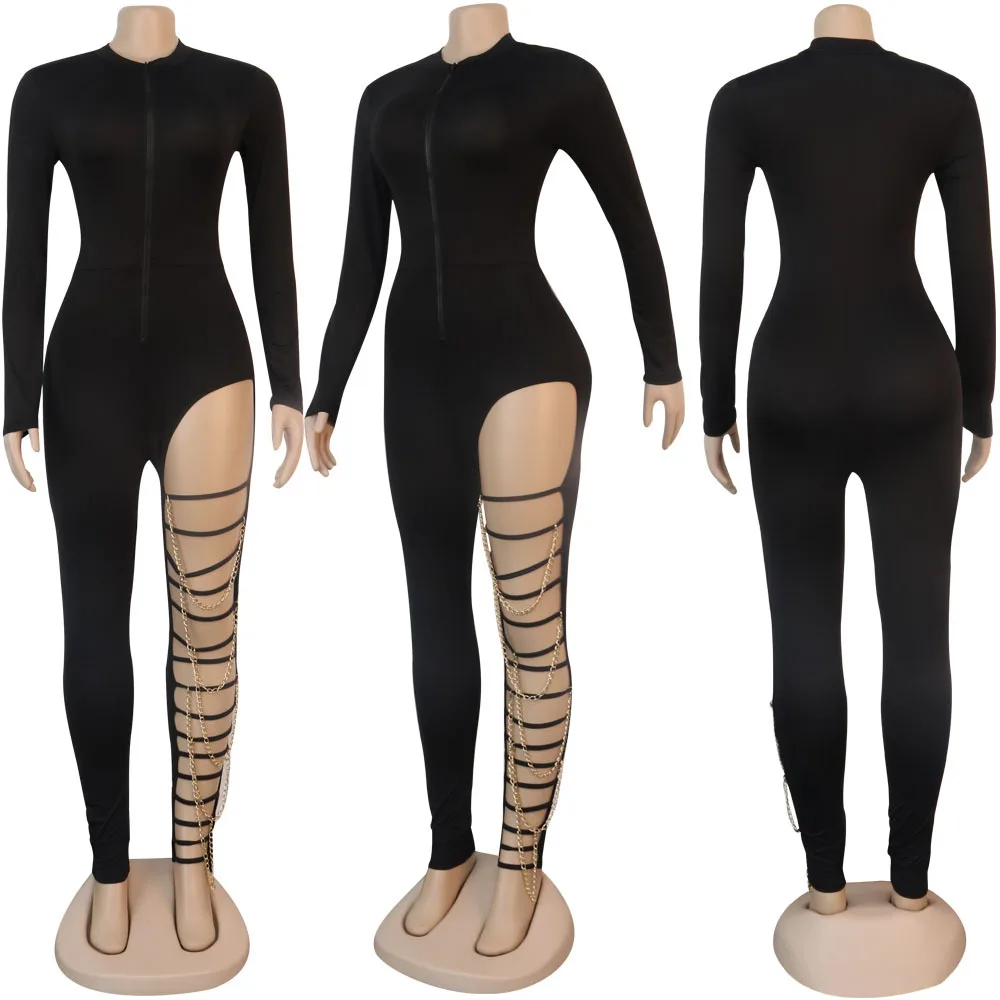 

Adogirl Fashion Women Zipper Hole Chain Jumpsuit Sexy Deep V Neck Long Sleeve Black Bodycon Romper Night Club Party Bodysuit
