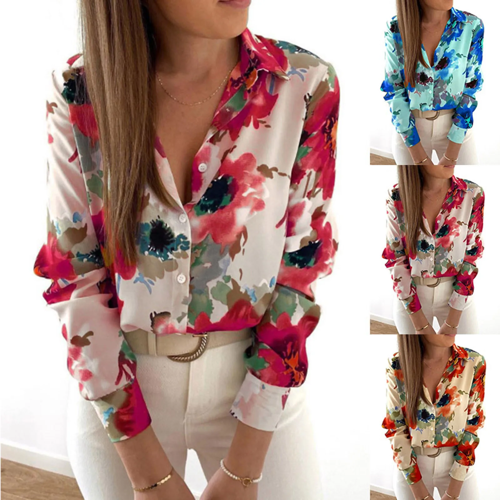 

Женская приталенная блузка на пуговицах, блузка с большим цветочным принтом и V-образным вырезом, весна-осень 2021
