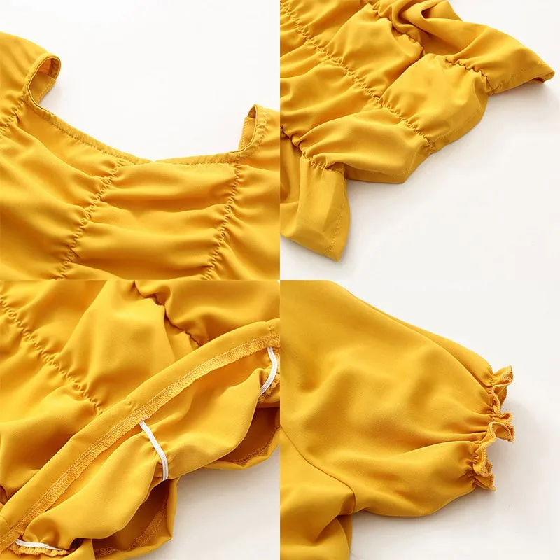 

Summer Women Sweet Multicolor Chiffon Blouse Square Collar Short Sleeve Shirt Top Lady Casual Short Pleated Shirt