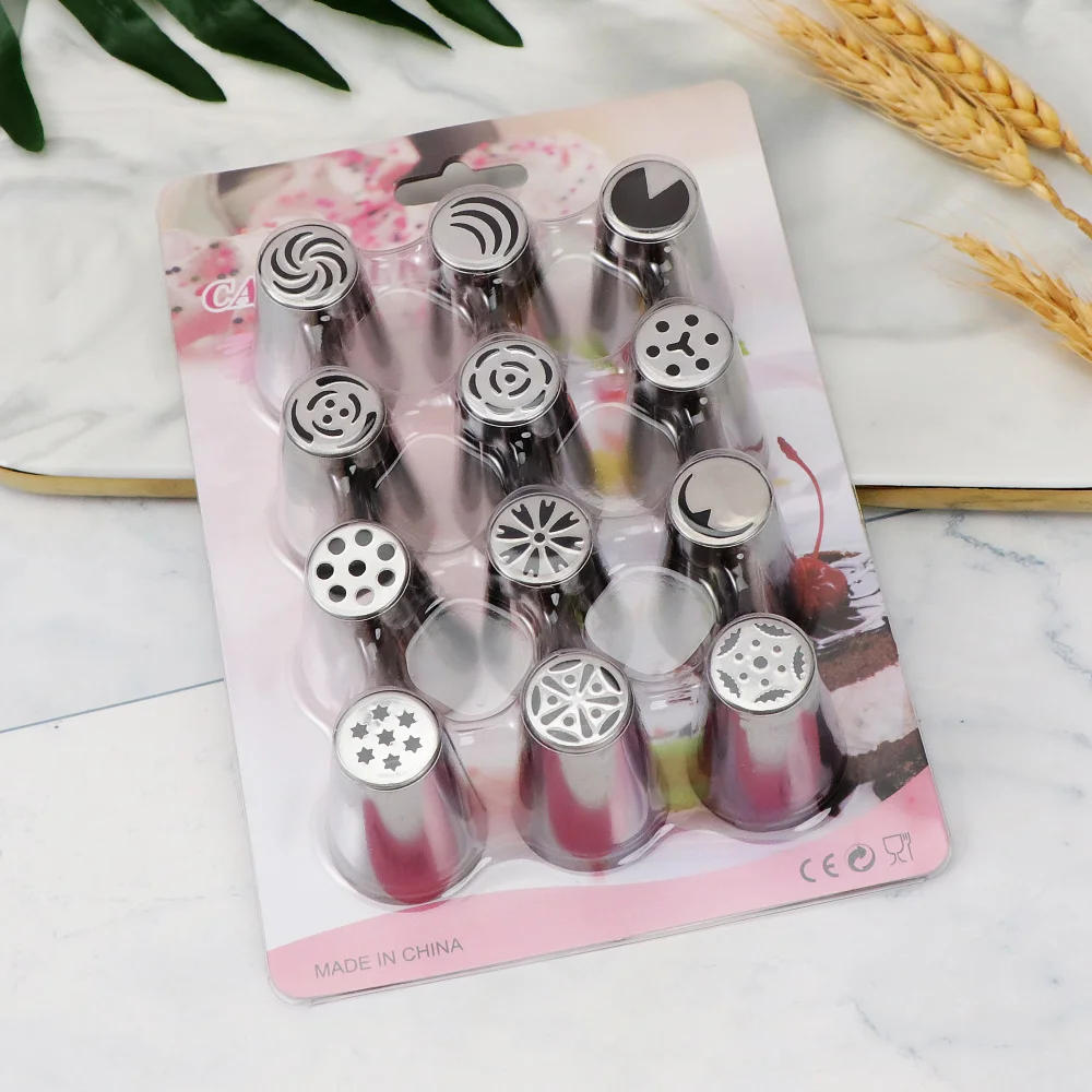 

12Pcs/Set Stainless Steel Russian Icing Piping Nozzles Cake Decorating Supplies Decoration Tips Bag Cupcake Decorating Tools
