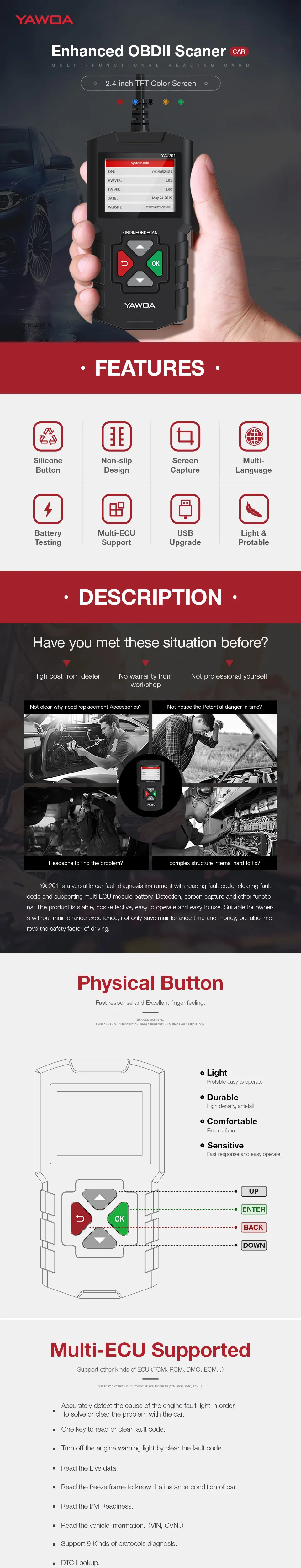 Ediag YA201 Code Reader OBDII/EOBD YA-201 Auto Diagnostic Tool Data stream save/playback OBD2 Scanner Free Update AL319