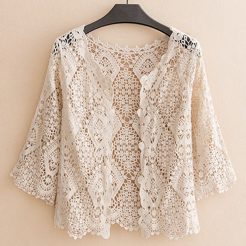 Открытый кружевной кардиган вязаный крючком ажурный плед Женский Повседневный