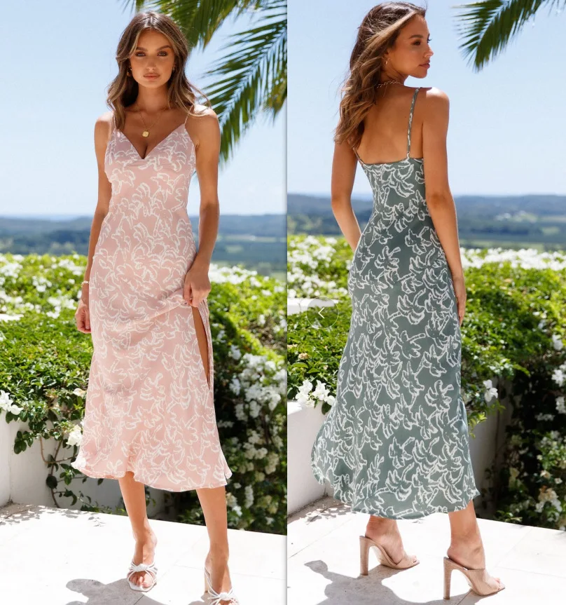 

Summer Beach Maxi Women Dresses Floral Printed Boho Dress Sling V-Neck Slit Bodycon Wrap Party Sleeveless Dress Robe Femme