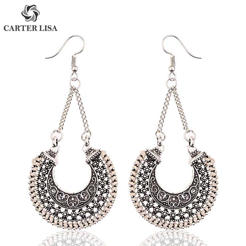 CARTER LISA Antique Silver Indian Bohemian Ethnic Tribal Crescent Ornate Gypsy Vintage Earrings For Women Half Moon Jewelry Gift |