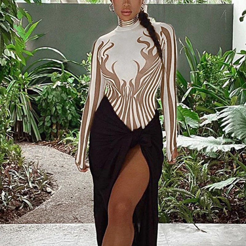 

Flame Printed Long Sleeve Bodysuit Women Sexy Tops Bodycon Jumpsuit Street Style Body Suits Spring