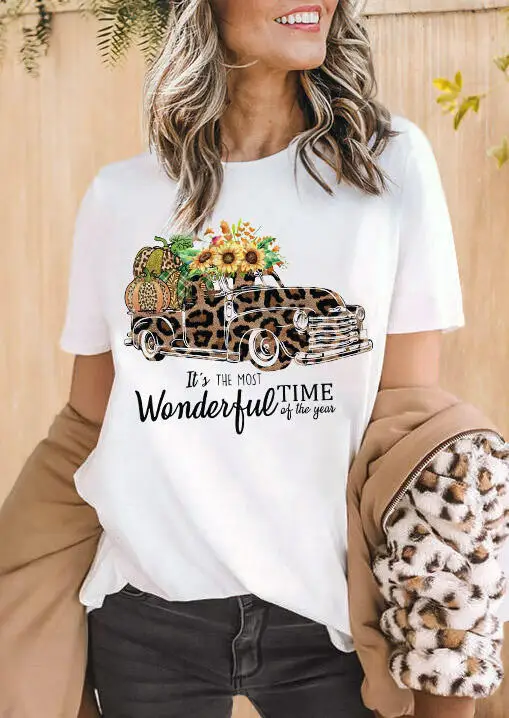 День благодарения с леопардовым принтом Pumpkin Car футболка рисунком подсолнечника