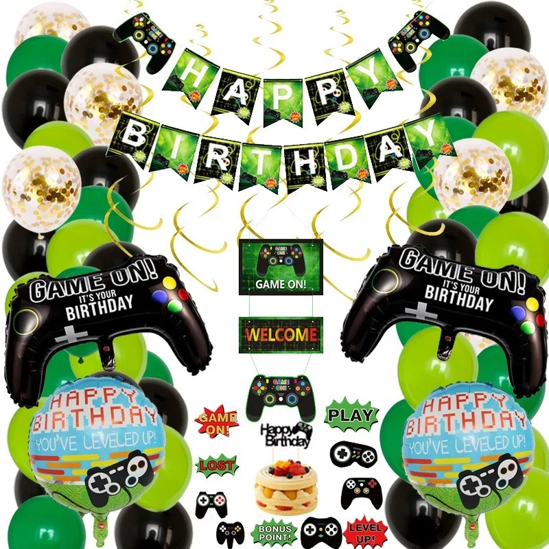 

1set Game on Balloons Black Gamepad Boy Game on Banner Birthday Party Decorations Kids Black Match Props Gaming Cake Topper