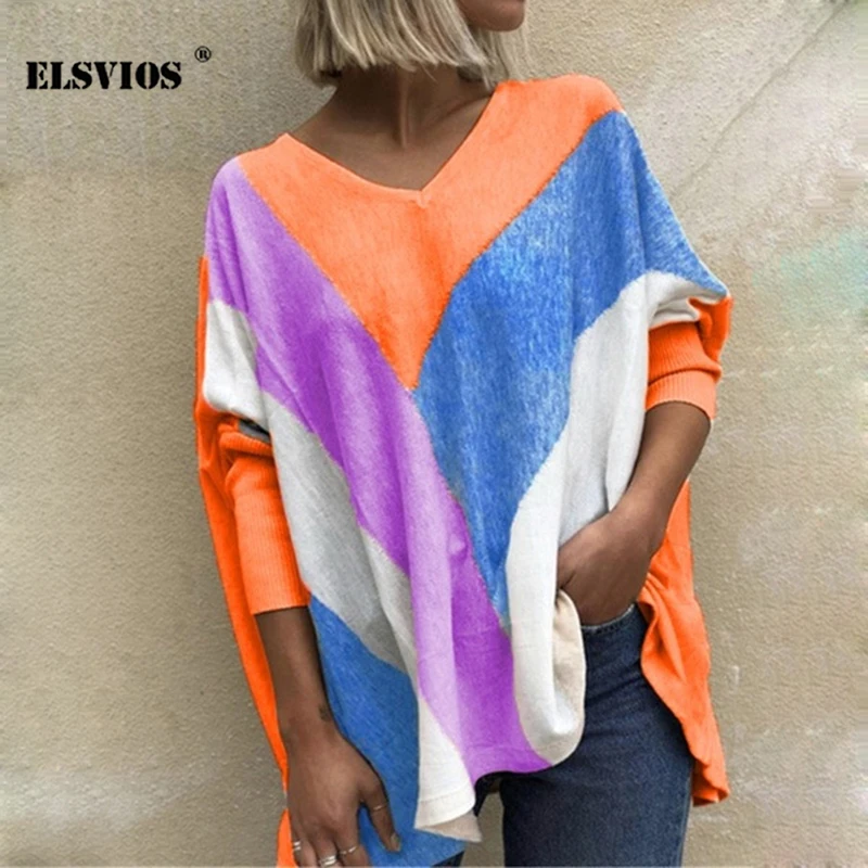 

Autumn Winter Fashion Long Sleeves V Neck Patchwork Top Loose Casual Print Pullover T-shirts Striped Print Plus Size Elegant Top