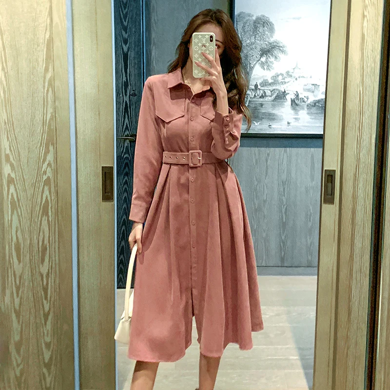 Autumn outfit corduroy long-sleeved dress female new winter French accept waist show thin temperament characteristics of | Женская - Фото №1