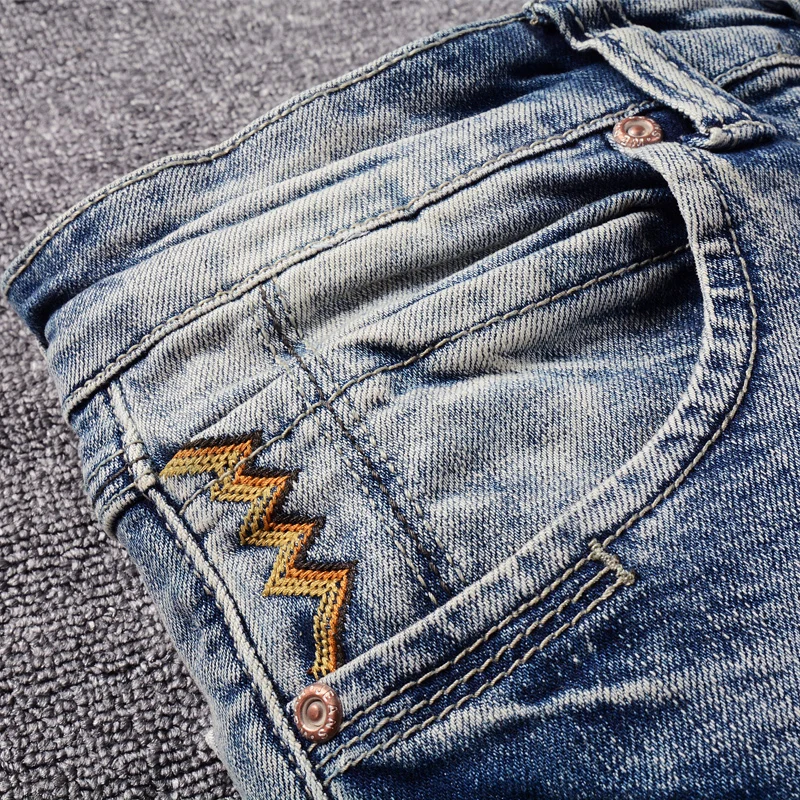 

Korean Style Fashion Men Jeans Retro Light Blue Elastic Slim Fit Ripped Jeans Men Embroidery Designer Street Denim Punk Pants