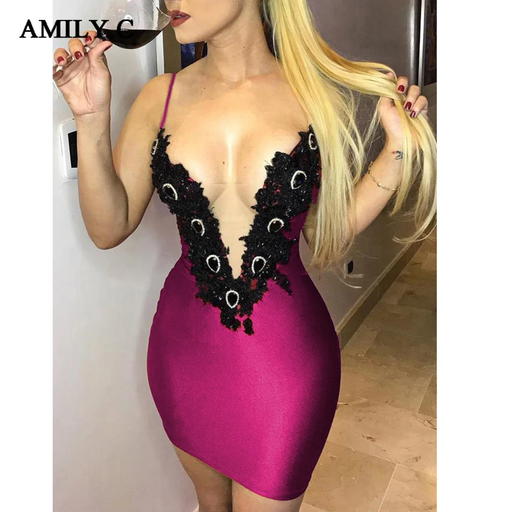 Женское кружевное Бандажное платье Amily.c летнее облегающее мини-платье на тонких