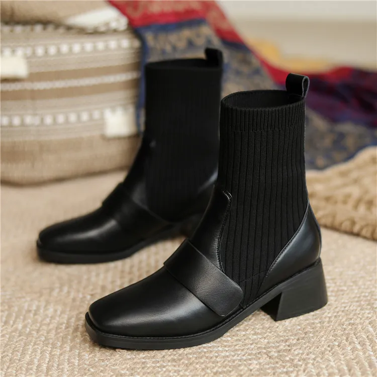 

Retro Elastic Wool Boots Women's 2020 Autumn /Winter New Square Toe Thick Heel Short Boots Knitted Versatile Mid-Heel Thin Boots