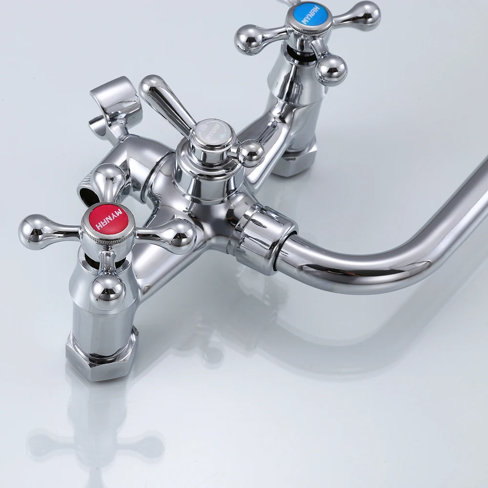 mynah chromed wall mounted long spout double handle bathtub shower faucet set bathroom water tap silver shower hand shower free global shipping