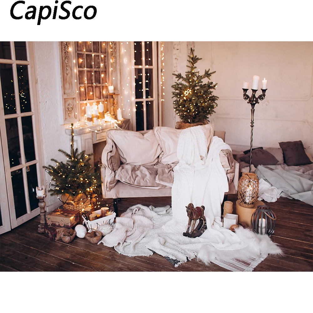 

Capisco Christmas Indoor Photography Background Xmas Tree Fireplace Wood Floor Children Portrait Backdrops For Photo Studio Prop
