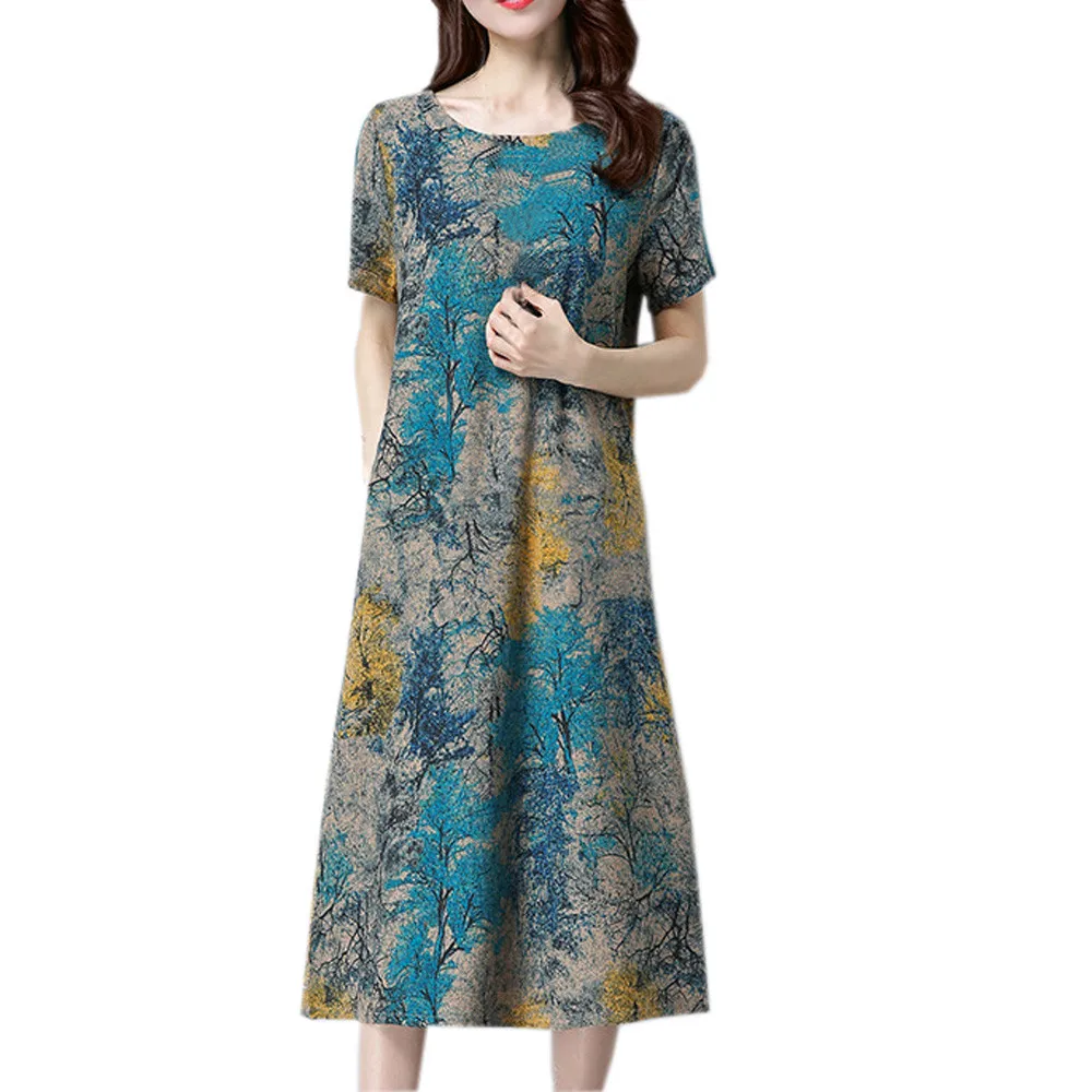 

Fashion Women Summer Short Sleeve O Neck Pocket Cotton Linen Printed Loose Casual Dress Sukienka Letnia