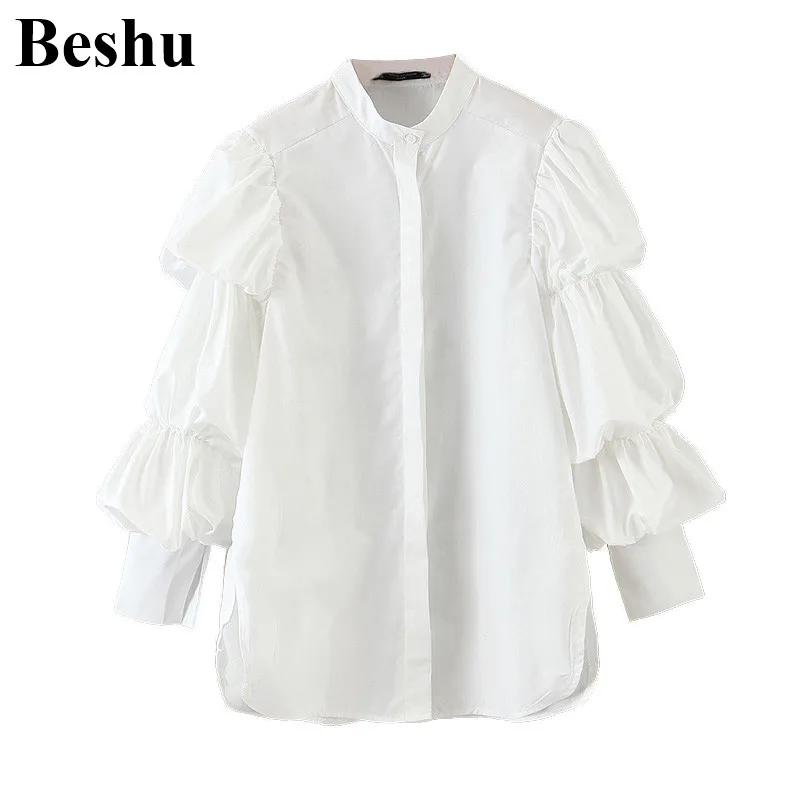 

za 2020 fashion blouse women white faux tencel stand collar single-breasted blouse female puff sleeve elegant blusas mujer