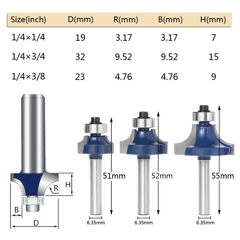 

203F 3 Pcs Radius 1/4" Shank Round Over Beading Edging Router Bit Set For Woodworking