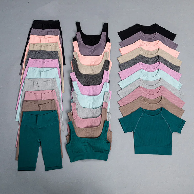 

Women Ribbed Seamless Yoga Sets Workout Clothes High Waist Sports Shorts Fitness Clothing Set 2/3pcs Set