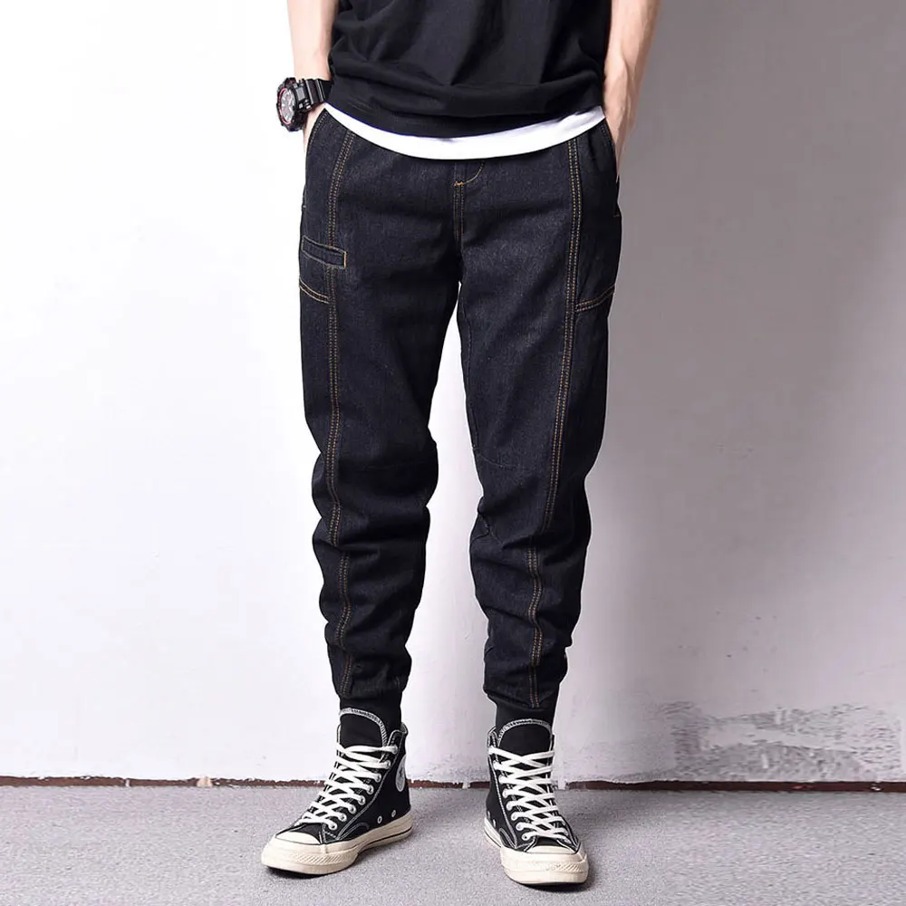 

Japanese Style Fashion Men Jeans Vintage Black Color Loose Fit Spliced Cargo Pants hombre Streetwear Hip Hop Joggers Jeans Men